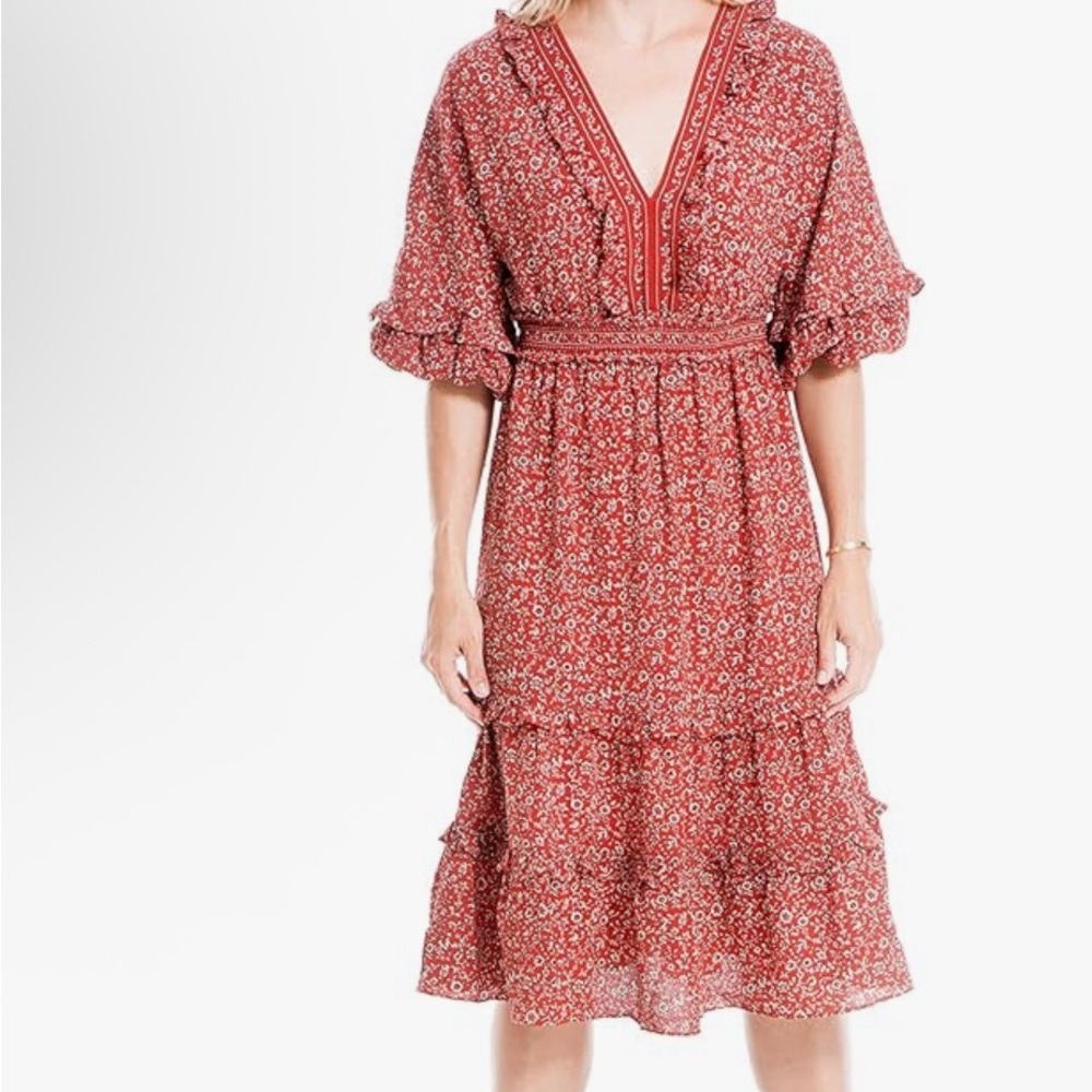 Max Studio Orange Midi Dress with Ruffled Tiered Design
